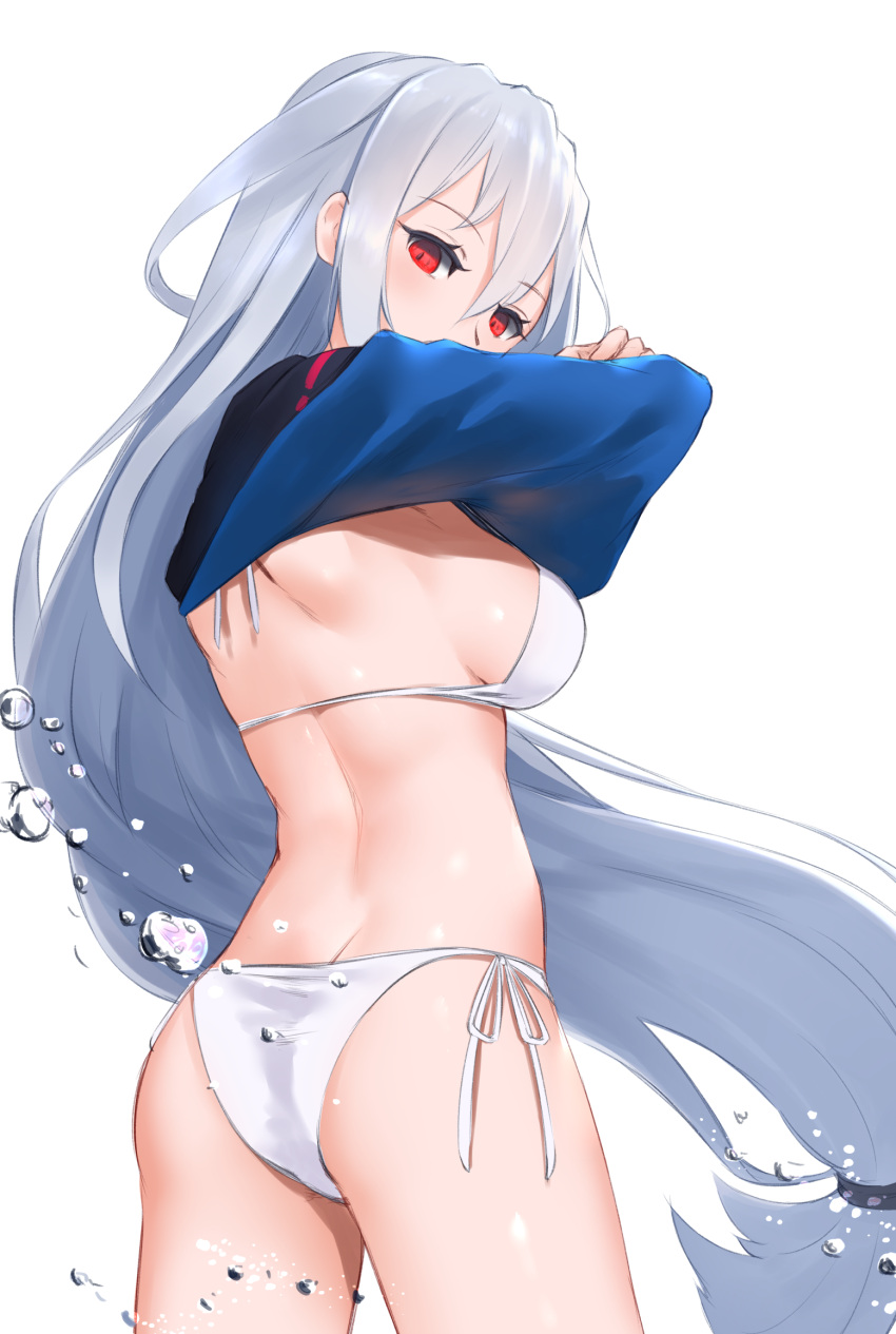 1girl arknights ass bangs bikini blue_shirt breasts commentary_request covered_mouth eyebrows_visible_through_hair from_behind hair_between_eyes head_tilt highres jilu long_hair looking_at_viewer looking_back low-tied_long_hair medium_breasts red_eyes shirt side-tie_bikini silver_hair simple_background solo swimsuit undressing very_long_hair water_drop white_background white_bikini