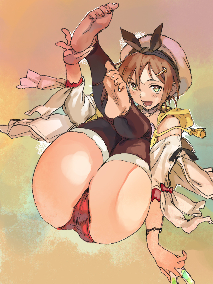 1girl absurdres ass atelier_(series) atelier_ryza barefoot belt breasts brown_eyes brown_hair gloves hair_ornament hairclip hat highres jewelry looking_at_viewer necklace red_shorts reisalin_stout round-bottom_flask sameda_koban short_shorts shorts single_glove smile solo thigh-highs thighs