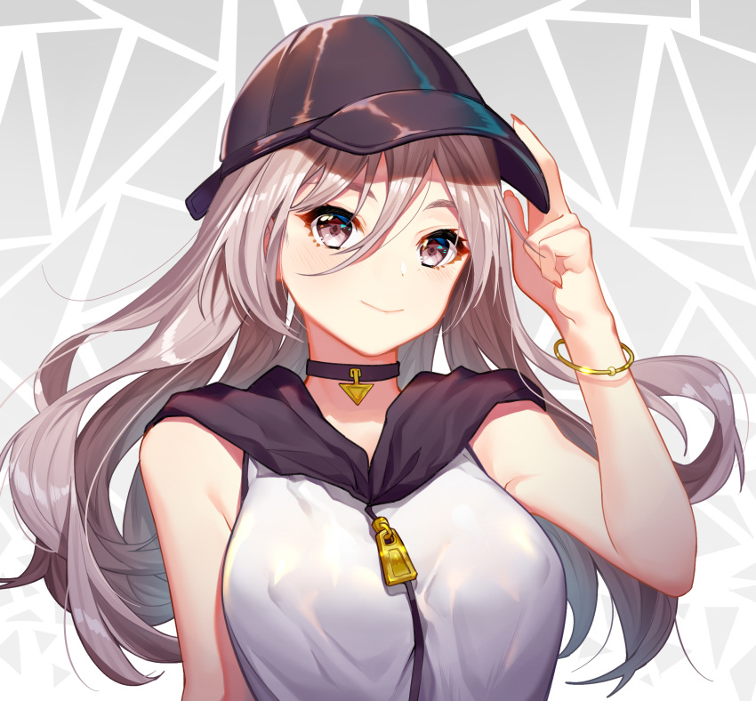 1girl bangle bangs bare_shoulders baseball_cap black_choker black_headwear bracelet breasts brown_eyes choker closed_mouth commentary_request covered_nipples floating_hair hair_between_eyes hand_on_headwear hand_up hat highres hood hood_down ihachisu jewelry long_hair looking_at_viewer medium_breasts original shirt silver_hair sleeveless sleeveless_shirt smile solo upper_body white_shirt zipper_pull_tab