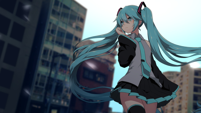 1girl aqua_eyes aqua_hair aqua_neckwear bare_shoulders black_skirt black_sleeves blue_sky building city commentary cowboy_shot detached_sleeves expressionless from_below hair_ornament hand_on_own_cheek hatsune_miku long_hair looking_to_the_side matsuda_toki necktie outdoors shirt skirt sky sleeveless sleeveless_shirt solo standing thigh-highs twintails very_long_hair vocaloid