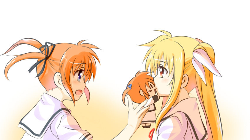 2girls black_ribbon blonde_hair blue_eyes blush couple doll eye_contact fate_testarossa hair_ornament hair_ribbon happy kerorokjy kiss long_hair looking_at_another lyrical_nanoha mahou_shoujo_lyrical_nanoha mahou_shoujo_lyrical_nanoha_a's multiple_girls neck_ribbon orange_hair red_eyes ribbon school_uniform short_hair short_twintails simple_background smile surprised takamachi_nanoha twintails two-tone_background uniform white_ribbon yuri