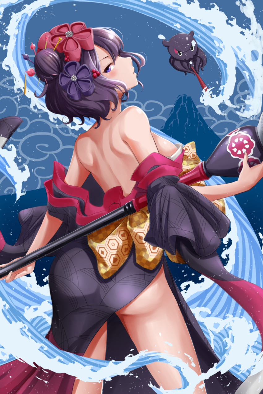 1girl backless_outfit black_kimono black_sleeves breasts collarbone contrapposto cowboy_shot detached_sleeves fate/grand_order fate_(series) from_behind hair_between_eyes hair_bun hair_ornament hairpin head_tilt highres holding_brush japanese_clothes jojobirdz katsushika_hokusai_(fate/grand_order) kimono long_sleeves looking_at_viewer medium_breasts parted_lips print_kimono purple_hair short_hair sideboob sleeveless sleeveless_kimono solo standing strapless tokitarou_(fate/grand_order) violet_eyes