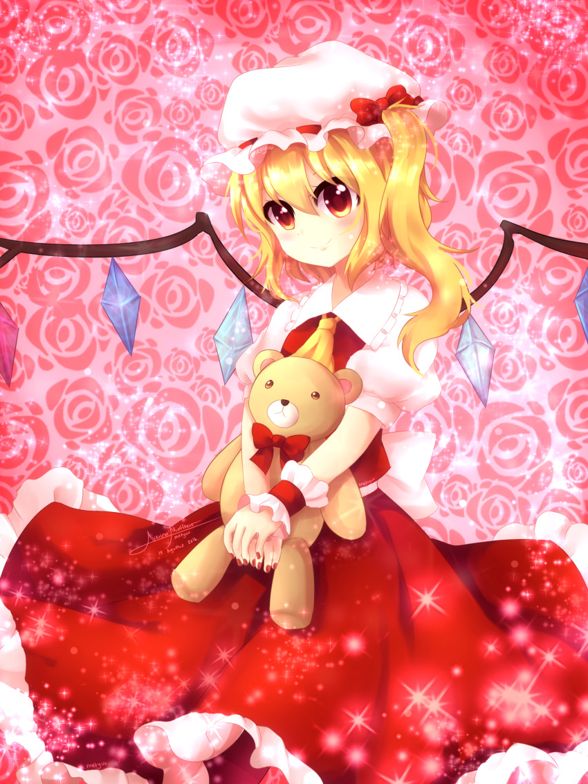 1girl ascot blonde_hair bow crystal flandre_scarlet frilled_shirt frilled_shirt_collar frilled_skirt frilled_sleeves frills hat hat_ribbon highres holding looking_at_viewer medium_hair metyuu mob_cap one_side_up puffy_short_sleeves puffy_sleeves red_bow red_eyes red_ribbon red_skirt red_vest ribbon rose_background shirt short_hair short_sleeves skirt smile solo sparkle stuffed_animal stuffed_toy teddy_bear touhou vest white_shirt wings yellow_neckwear