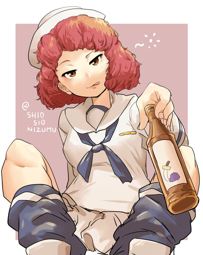 1girl :q arm_behind_back beer_bottle blouse bottle closed_mouth commentary curly_hair dixie_cup_hat drunk foreshortening girls_und_panzer grey_background half-closed_eyes hat head_tilt highres holding holding_bottle licking_lips lips loafers long_sleeves looking_at_viewer loose_socks military_hat miniskirt navy_blue_legwear navy_blue_neckwear neckerchief offering ooarai_naval_school_uniform pleated_skirt print_legwear red_eyes redhead rum_(girls_und_panzer) sailor sailor_collar school_uniform shio_nizumu shoes short_hair sitting skirt smile socks solo tongue tongue_out twitter_username white_blouse white_footwear white_headwear white_skirt