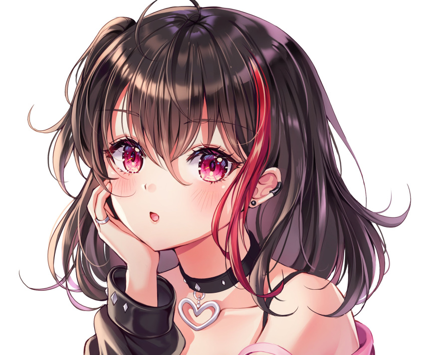 1girl ahoge alternate_hair_length alternate_hairstyle bang_dream! black_hair blush bra_strap chin_rest choker collarbone earrings eyebrows_visible_through_hair hair_between_eyes heart heart_choker highres jewelry looking_at_viewer mitake_ran multicolored_hair parted_lips pink_eyes pinky_ring redhead ring short_hair simple_background solo stud_earrings ttosom upper_body white_background