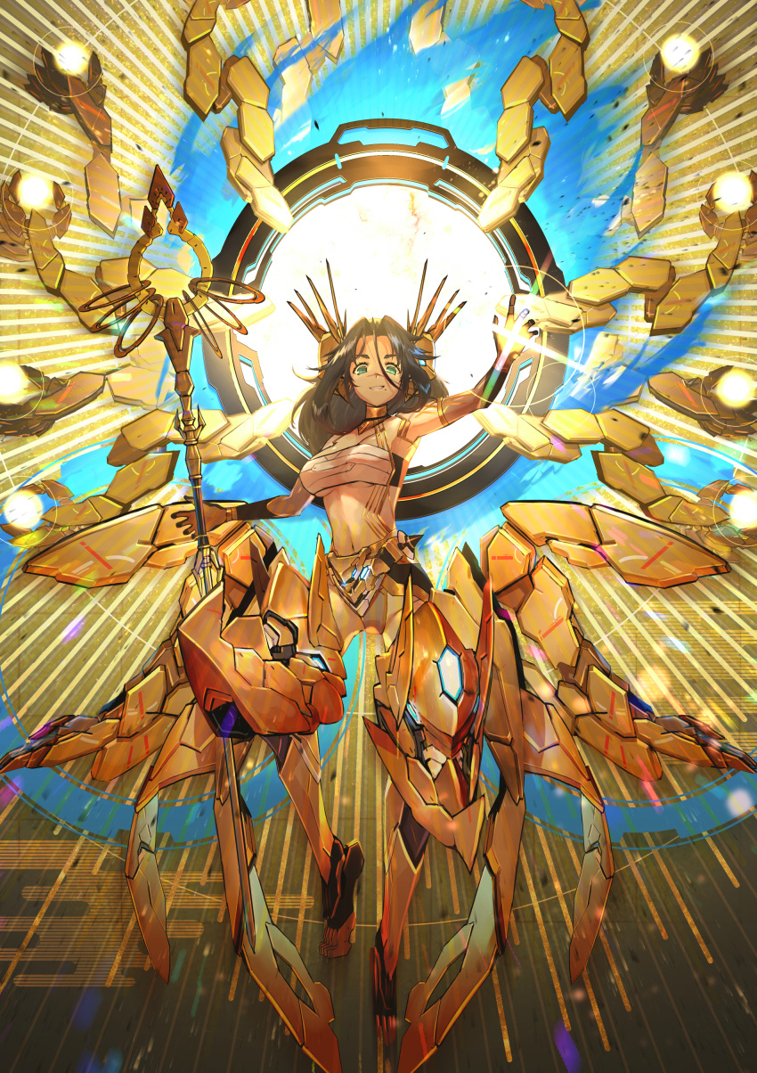 1girl absurdres alice_gear_aegis blue_fire brown_hair commentary_request elbow_gloves extra_arms fire gloves glowing gold_armor gold_trim green_eyes grin hair_between_eyes headgear highres holding holding_staff kuri_giepi light light_rays long_hair looking_at_viewer looking_down mecha_musume mechanical_halo mole mole_under_mouth navel orb sarashi scar smile solo staff