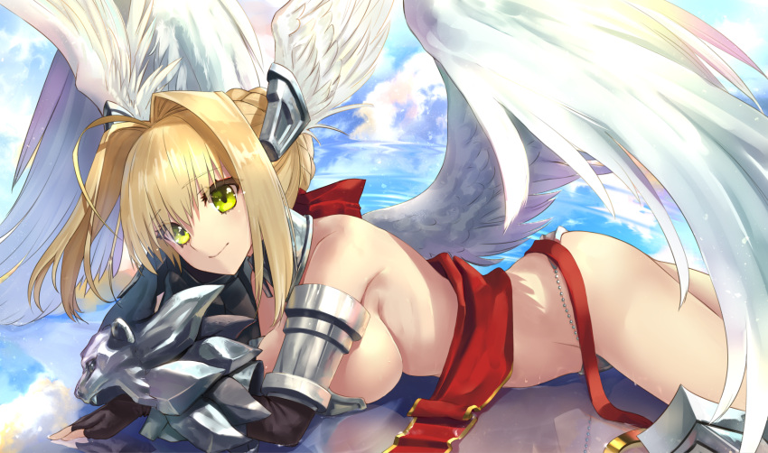 1girl ahoge armor bare_shoulders bikini_armor black_gloves blonde_hair braid breasts chin_rest detached_collar elbow_gloves fate/extella fate/extra fate_(series) fingerless_gloves french_braid gauntlets gloves green_eyes hair_bun hair_intakes head_wings highres kawanakajima large_breasts lying nero_claudius_(fate)_(all) on_stomach saber_venus sideboob smile solo spoilers sweat white_wings wings