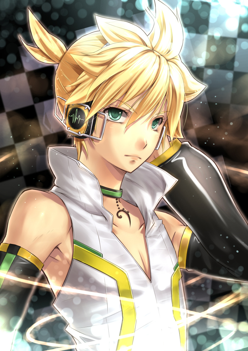 1boy absurdres black_sleeves blonde_hair checkered checkered_background closed_mouth collar collarbone detached_sleeves eyebrows_visible_through_hair frown gabiran green_eyes hair_between_eyes hand_in_hair headphones highres jewelry kagamine_len long_sleeves male_focus necklace shirt short_hair sleeveless sleeveless_shirt solo vocaloid vocaloid_append white_shirt