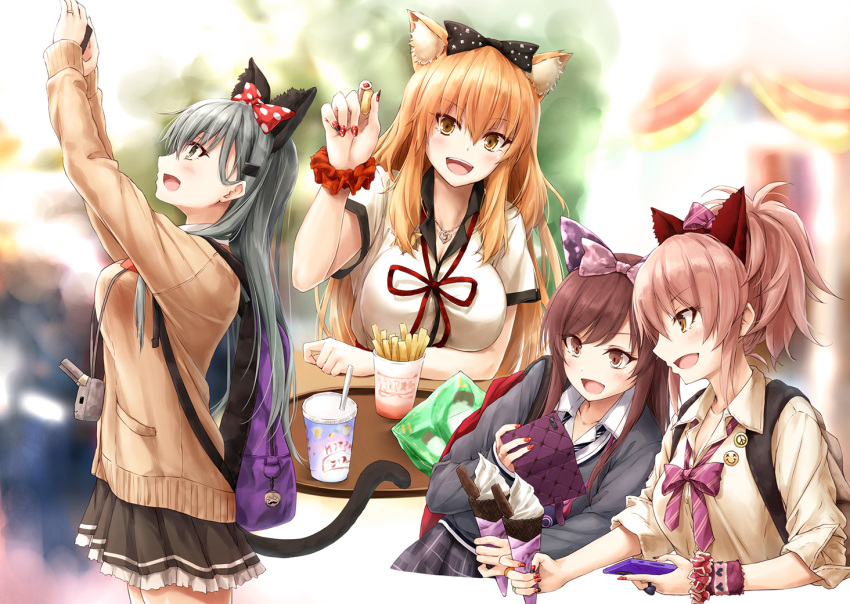 4girls amusement_park animal_ear_fluff animal_ears aqua_eyes aqua_hair backpack bag bangs beige_cardigan black_neckwear black_skirt blonde_hair blush bow breasts brown_hair camera cardigan casual cat_ears cat_tail chips collared_shirt commentary crossover cup day disneyland eyebrows_visible_through_hair fake_animal_ears fake_tail fate/extra fate/extra_ccc fate/extra_ccc_fox_tail fate_(series) food fox_ears grey_cardigan hair_between_eyes hair_bow hair_ornament hairband hairclip holding holding_camera holding_food ice_cream_cone idolmaster idolmaster_cinderella_girls idolmaster_shiny_colors jewelry jougasaki_mika kantai_collection large_breasts long_hair looking_at_hands looking_at_viewer multiple_girls nail_art nail_polish neckerchief necktie oosaki_amana open_cardigan open_clothes open_mouth outdoors petticoat pink_hair polka_dot polka_dot_bow purple_neckwear red_nails remodel_(kantai_collection) ring scrunchie shirt short_sleeves skirt sleeves_pushed_up smile suien suzuka_gozen_(fate) suzuya_(kantai_collection) tail waffle_cone wedding_band wing_collar wrist_scrunchie yellow_eyes