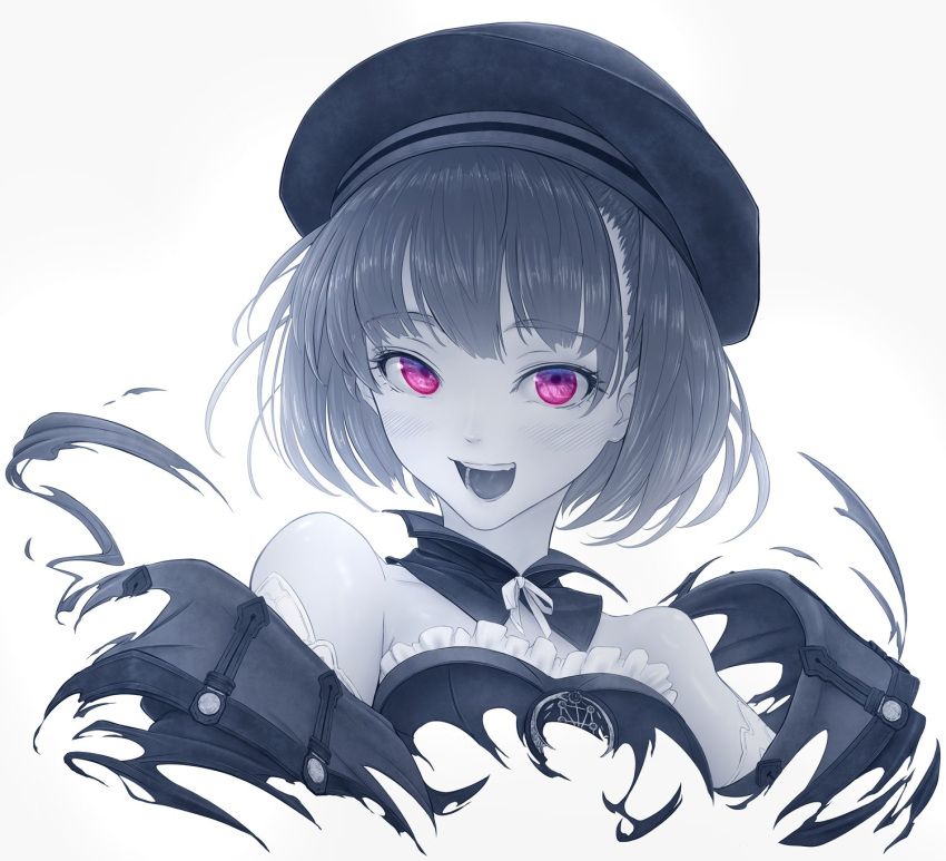 1girl beret blush commentary detached_collar dress eyebrows_visible_through_hair fate/grand_order fate_(series) greyscale hat helena_blavatsky_(fate/grand_order) highres imizu_(nitro_unknown) limited_palette looking_at_viewer monochrome open_mouth short_hair simple_background smile solo strapless strapless_dress teeth upper_body white_background work_in_progress