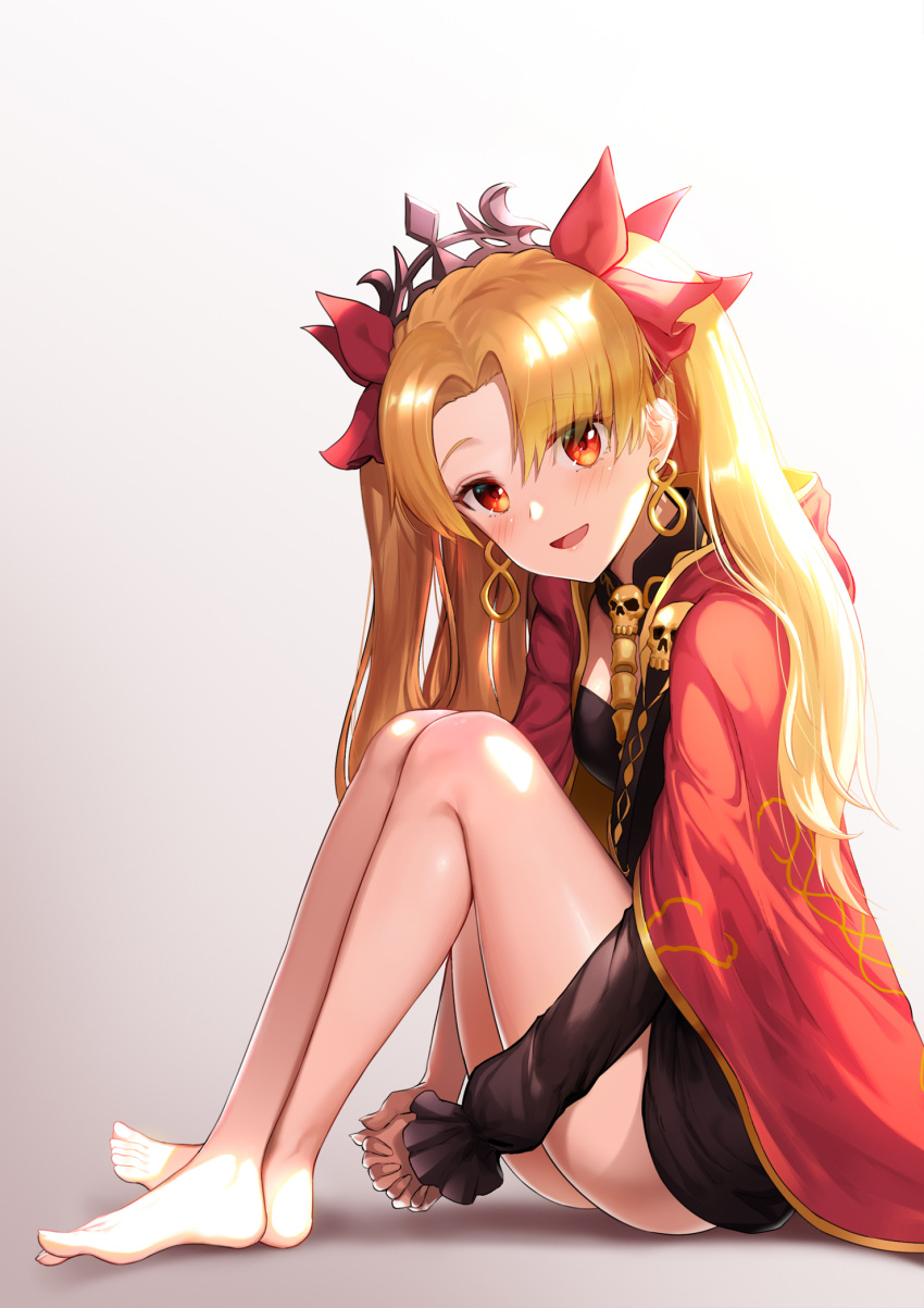 1girl :d bangs bare_legs barefoot black_dress blonde_hair blush breasts cape commentary_request dress earrings ereshkigal_(fate/grand_order) eyebrows_visible_through_hair fate/grand_order fate/stay_night fate_(series) gradient gradient_background greem_bang grey_background hair_between_eyes hair_ribbon hands_clasped head_tilt highres infinity jewelry knees_up legs long_hair long_sleeves looking_at_viewer open_mouth own_hands_together parted_bangs red_cape red_eyes red_ribbon ribbon single_sleeve sitting skull sleeves_past_wrists small_breasts smile solo spine tiara tohsaka_rin two_side_up very_long_hair white_background