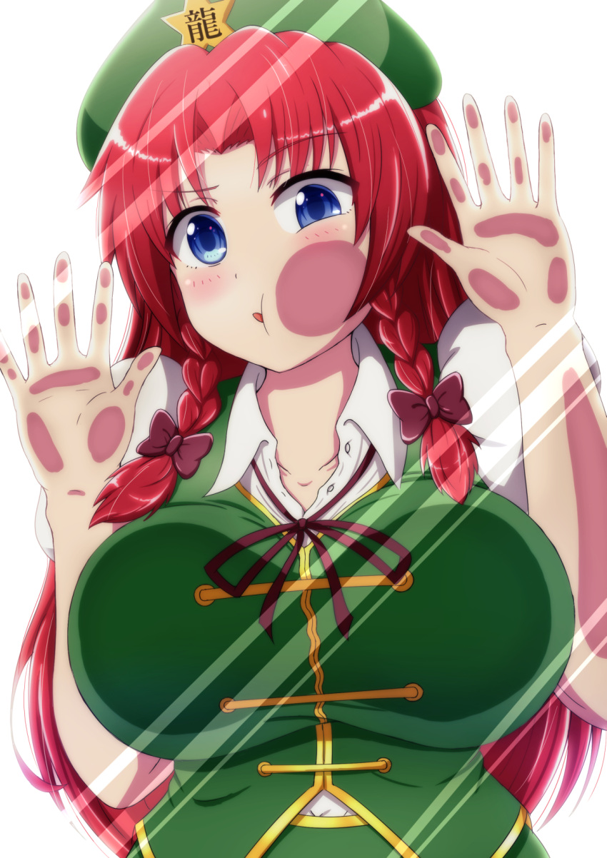 1girl against_glass blue_eyes braid breasts chinese_clothes collarbone collared_shirt commentary commentary_request eyebrows_visible_through_hair hair_between_eyes hat highres hong_meiling jewelry large_breasts long_hair looking_at_viewer necklace redhead shirt simple_background solo sotomichi tangzhuang tongue touhou twin_braids unbuttoned upper_body white_background white_shirt