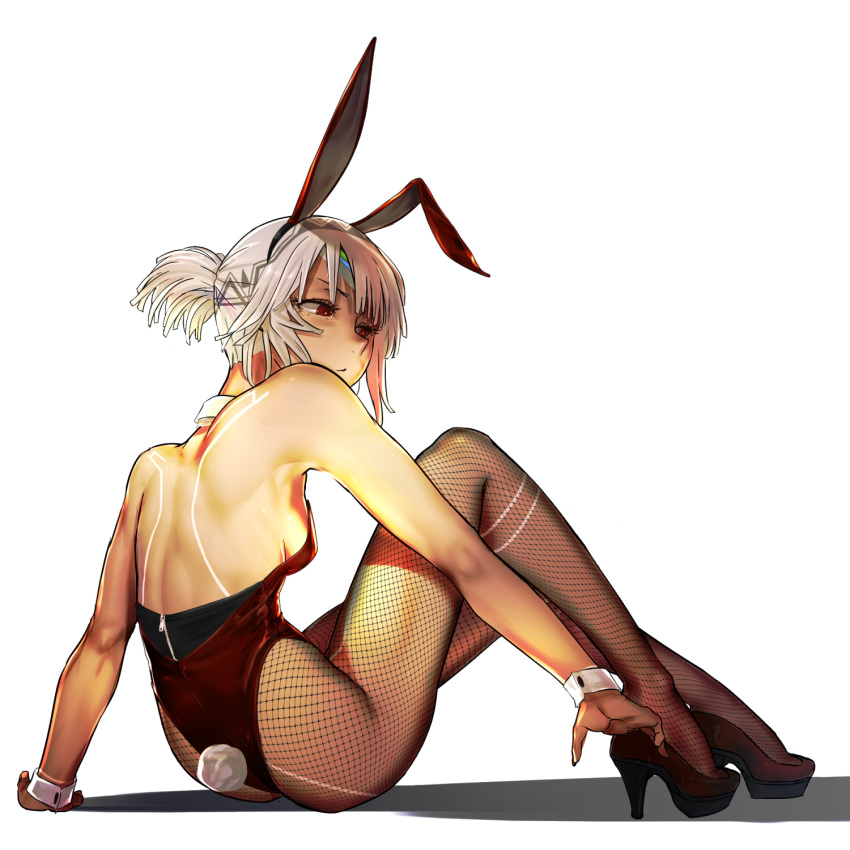 1girl altera_(fate) animal_ears ass back black_nails breasts bunny_tail bunnysuit dark_skin fate/grand_order fate_(series) fishnet_pantyhose fishnets full_body_tattoo high_heels highres i-pan pantyhose ponytail rabbit_ears red_eyes short_hair sitting small_breasts solo tail tattoo white_hair wrist_cuffs