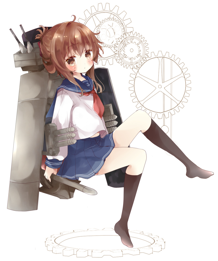 1girl anchor_symbol bangs blue_sailor_collar blue_skirt blush brown_eyes brown_hair brown_legwear commentary_request eyebrows_visible_through_hair folded_ponytail gears hair_between_eyes highres holding inazuma_(kantai_collection) kantai_collection knee_up kneehighs long_sleeves machinery neckerchief no_shoes parted_lips pleated_skirt red_neckwear sailor_collar shirt sidelocks sitting skirt solo torpedo_launcher tsukiyo_(skymint) white_background white_shirt