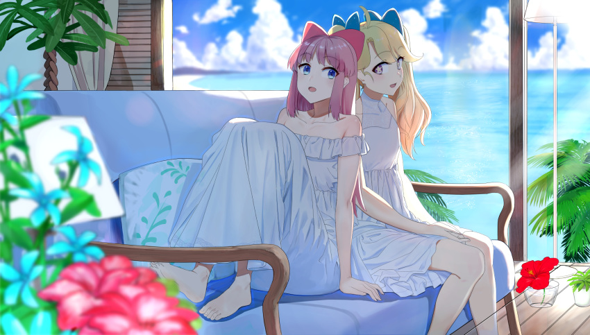 2girls ahoge bangs bare_shoulders barefoot blonde_hair blue_bow blue_eyes blurry bow chia_(mahou_shoujo_chia_chia_channel) clouds collarbone couch depth_of_field dress eyebrows_visible_through_hair flower frilled_dress frills hair_bow hands_together hibiscus highres indoors lamp long_hair looking_at_another looking_back mahou_shoujo_chia_chia_channel momosuke_(ishakry) multiple_girls ocean pink_hair sitting sorano_momoka star star-shaped_pupils strapless strapless_dress summer sundress swept_bangs symbol-shaped_pupils violet_eyes virtual_youtuber white_dress window