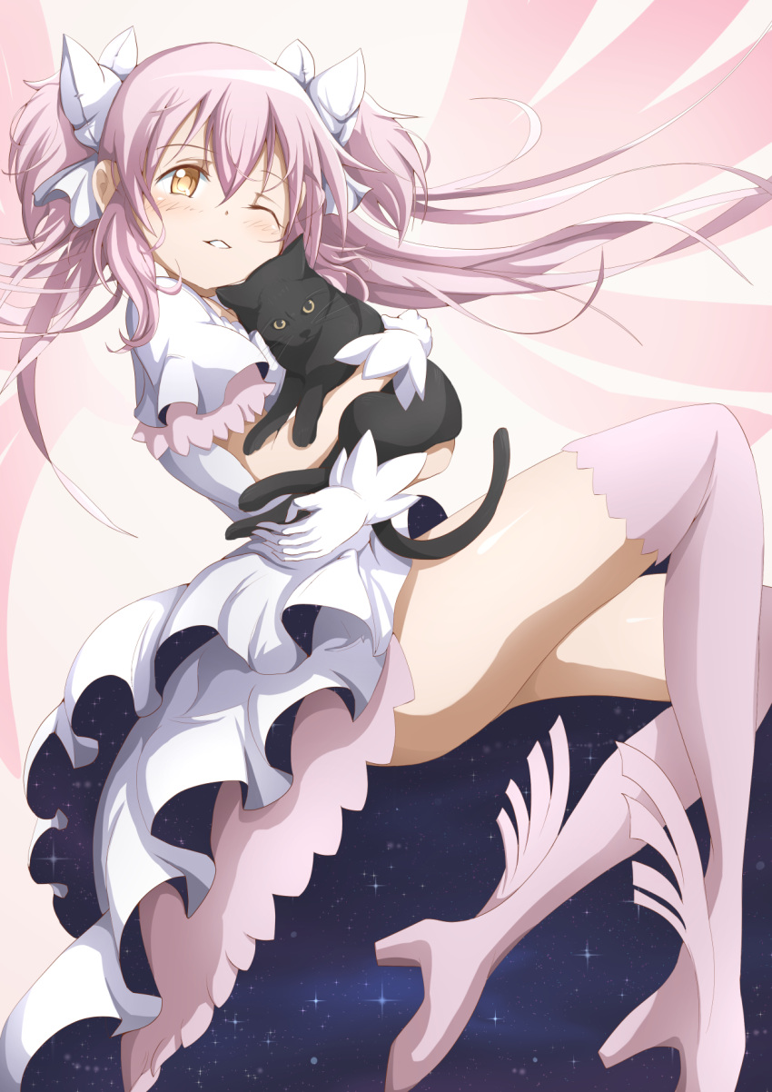 artist_request black_cat boots cat dress goddess_madoka highres holding holding_cat kaname_madoka long_hair mahou_shoujo_madoka_magica one_eye_closed pink_footwear pink_hair smile thigh-highs thigh_boots twintails white_dress winged_boots yellow_eyes