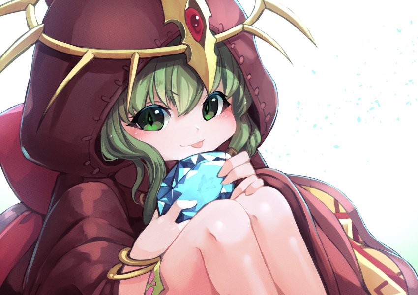 1girl bracelet chiki child closed_mouth cute dragon_girl fire_emblem fire_emblem:_mystery_of_the_emblem fire_emblem_heroes fire_emblem_musou green_eyes green_hair highres holding hood hood_up intelligent_systems jewelry knees_up mamkute nakabayashi_zun nintendo simple_background solo stone tiara tongue tongue_out white_background young