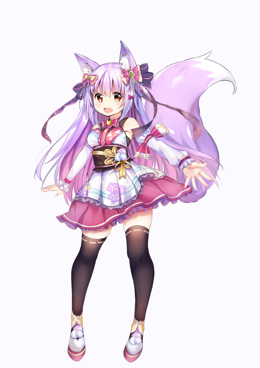 1girl :d absurdres animal_ears bangs bare_shoulders black_legwear blush bow brown_eyes copyright_request detached_sleeves eyebrows_visible_through_hair fang fox_ears fox_girl fox_tail full_body grey_background hair_between_eyes hair_bow highres japanese_clothes kimono long_sleeves looking_at_viewer lydia601304 open_mouth pink_bow pink_skirt pleated_skirt puffy_long_sleeves puffy_sleeves purple_bow purple_hair ribbon-trimmed_legwear ribbon-trimmed_sleeves ribbon_trim shoes short_kimono simple_background skirt sleeveless sleeveless_kimono sleeves_past_wrists smile solo tail tail_raised thigh-highs white_footwear white_kimono white_sleeves