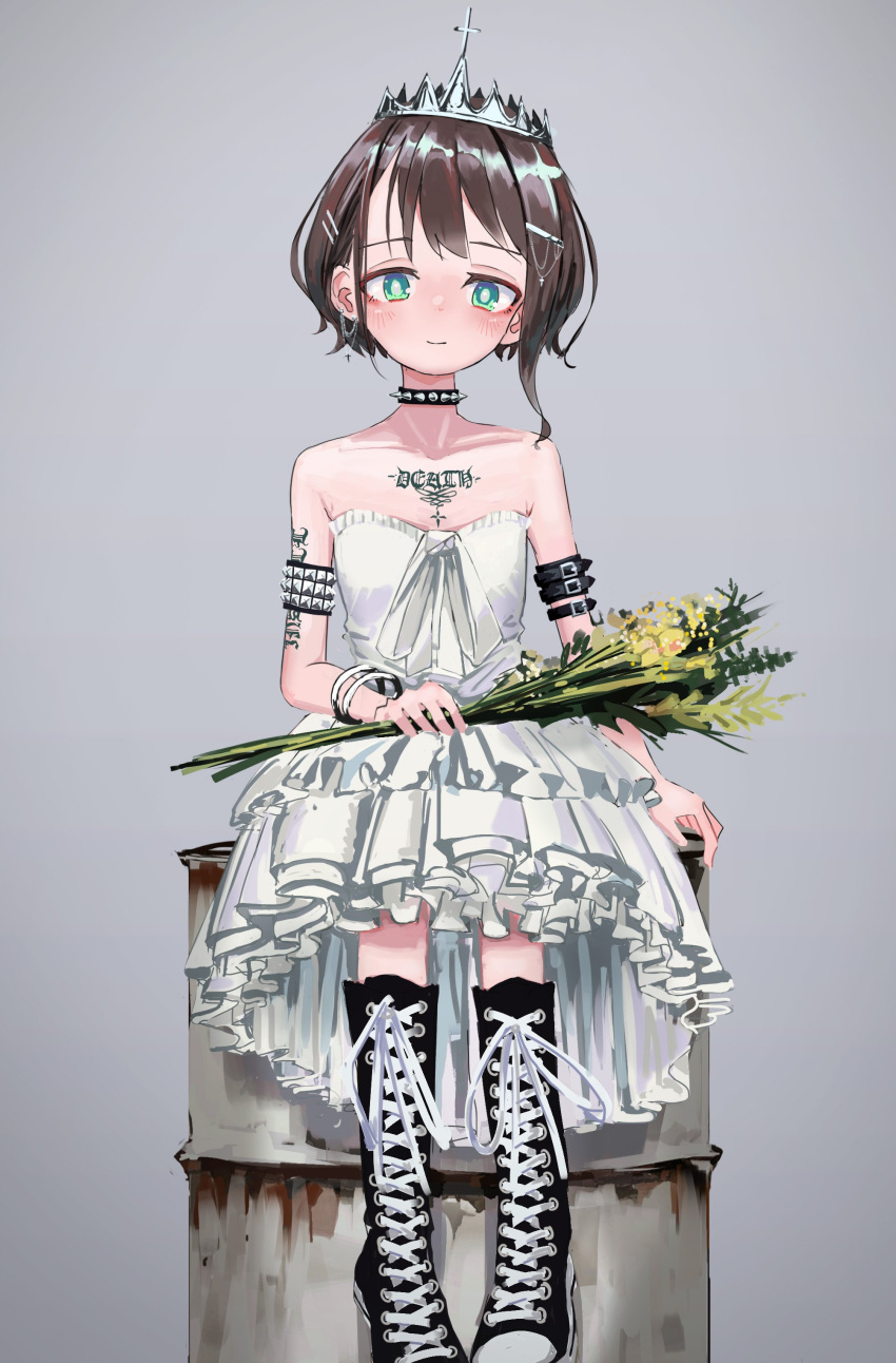 1girl absurdres arm_belt bangs bare_shoulders black_footwear blush boots brown_hair choker closed_mouth collarbone dress flower frills full_body green_eyes grey_background highres holding holding_flower layered_dress nadegata original short_hair simple_background sitting smile spiked_armlet spiked_choker spikes strapless strapless_dress tattoo tiara white_dress