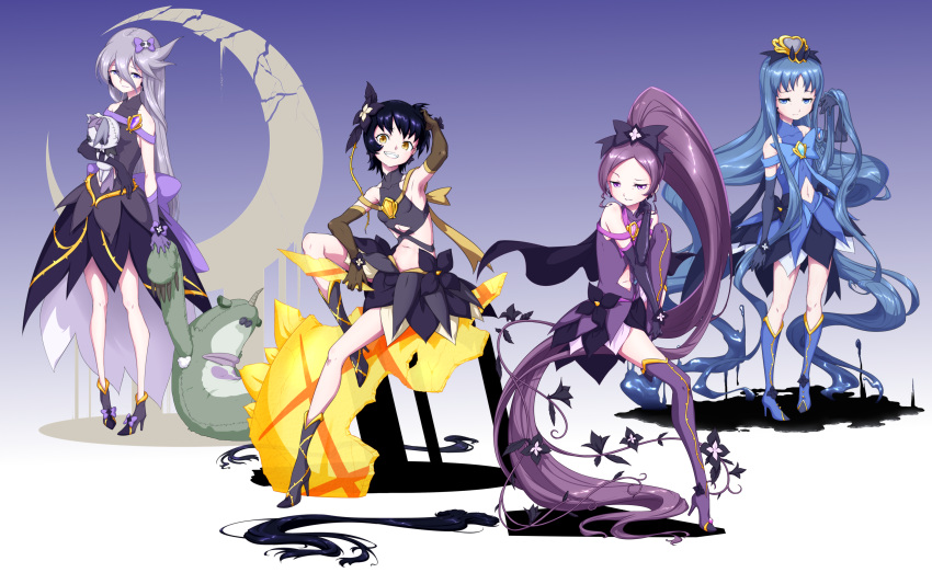 4girls absurdly_long_hair absurdres adjusting_hair alternate_color alternate_eye_color alternate_hair_color alternate_hair_length alternate_hairstyle armpits asymmetrical_clothes bare_shoulders black_gloves black_hair blue_eyes blue_hair boots bow brown_eyes brown_gloves cape commentary corruption crack cure_blossom cure_marine cure_moonlight cure_sunshine dark_persona dress dripping earrings elbow_gloves evil_grin evil_smile eyelashes flower full_body gem gloves gradient gradient_background grin hair_bow hair_flower hair_ornament hair_ribbon hanasaki_tsubomi heartcatch_precure! high_heel_boots high_heels highres holding jewelry knee_boots kurumi_erika leaf long_hair looking_at_viewer magical_girl matatabi_(karukan222) midriff multiple_girls myoudouin_itsuki navel navel_cutout ponytail precure purple_hair purple_legwear raised_eyebrow ribbon severed_hair short_hair sitting skirt smile standing teeth thigh-highs thigh_boots thorns tiara tsukikage_yuri very_long_hair violet_eyes what_if white_background