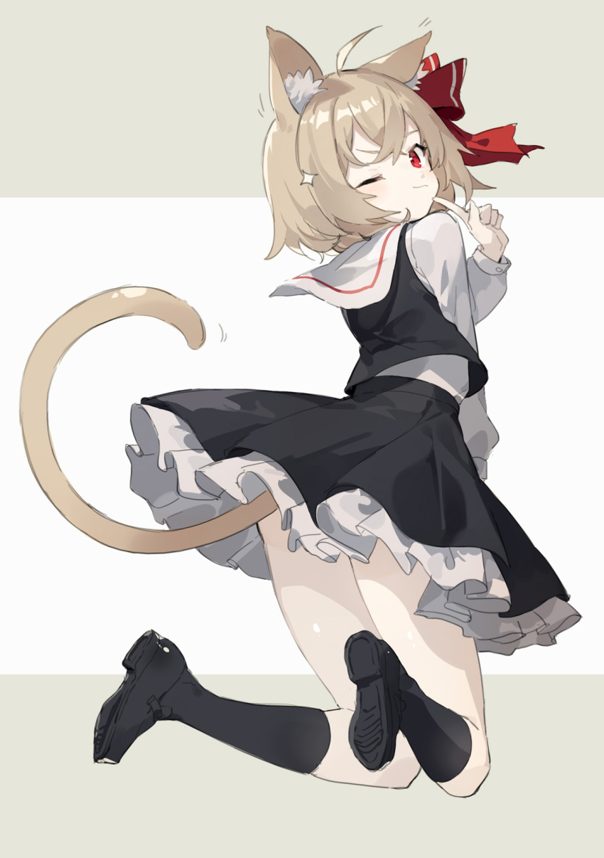 1girl ahoge animal_ear_fluff animal_ears black_footwear black_legwear black_skirt black_vest blonde_hair blush cat_ears cat_tail commentary_request finger_to_mouth from_behind grey_background hair_ribbon hand_up highres kemonomimi_mode kneehighs long_sleeves looking_at_viewer looking_back petticoat red_eyes red_ribbon ribbon rumia sh_(562835932) shirt shoes short_hair skirt skirt_set solo sparkle tail thighs touhou two-tone_background vest white_background white_shirt