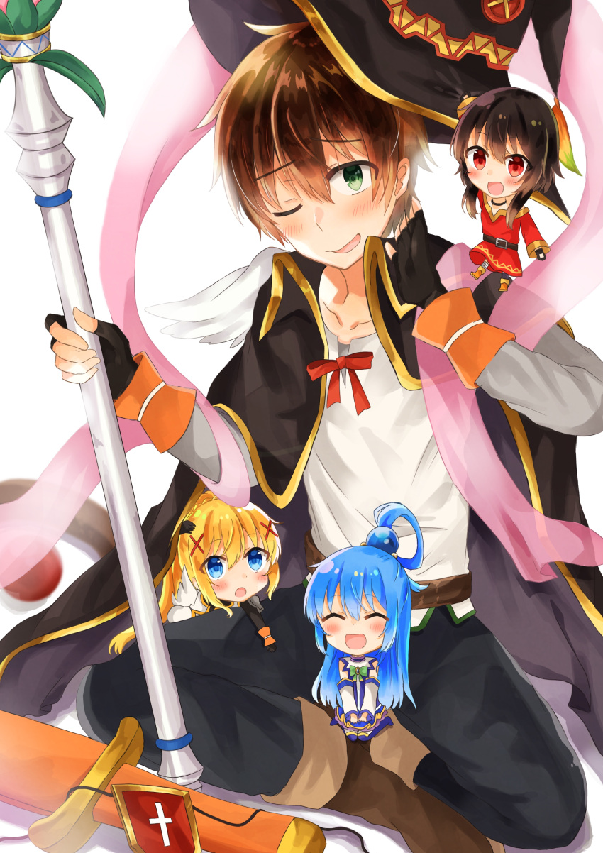 1boy 3girls :d ^_^ absurdres blonde_hair blue_eyes blue_hair blush brown_hair cape chibi closed_eyes commentary eyebrows_visible_through_hair eyepatch eyepatch_removed fingerless_gloves gloves green_eyes hagoromo hair_ornament hair_rings hat highres indian_style kono_subarashii_sekai_ni_shukufuku_wo! male_focus minigirl multiple_girls one_eye_closed open_mouth red_eyes satou_kazuma scabbard shawl sheath short_hair_with_long_locks sitting smile staff sword wariza weapon witch_hat x_hair_ornament yuno_(suke_yuno)