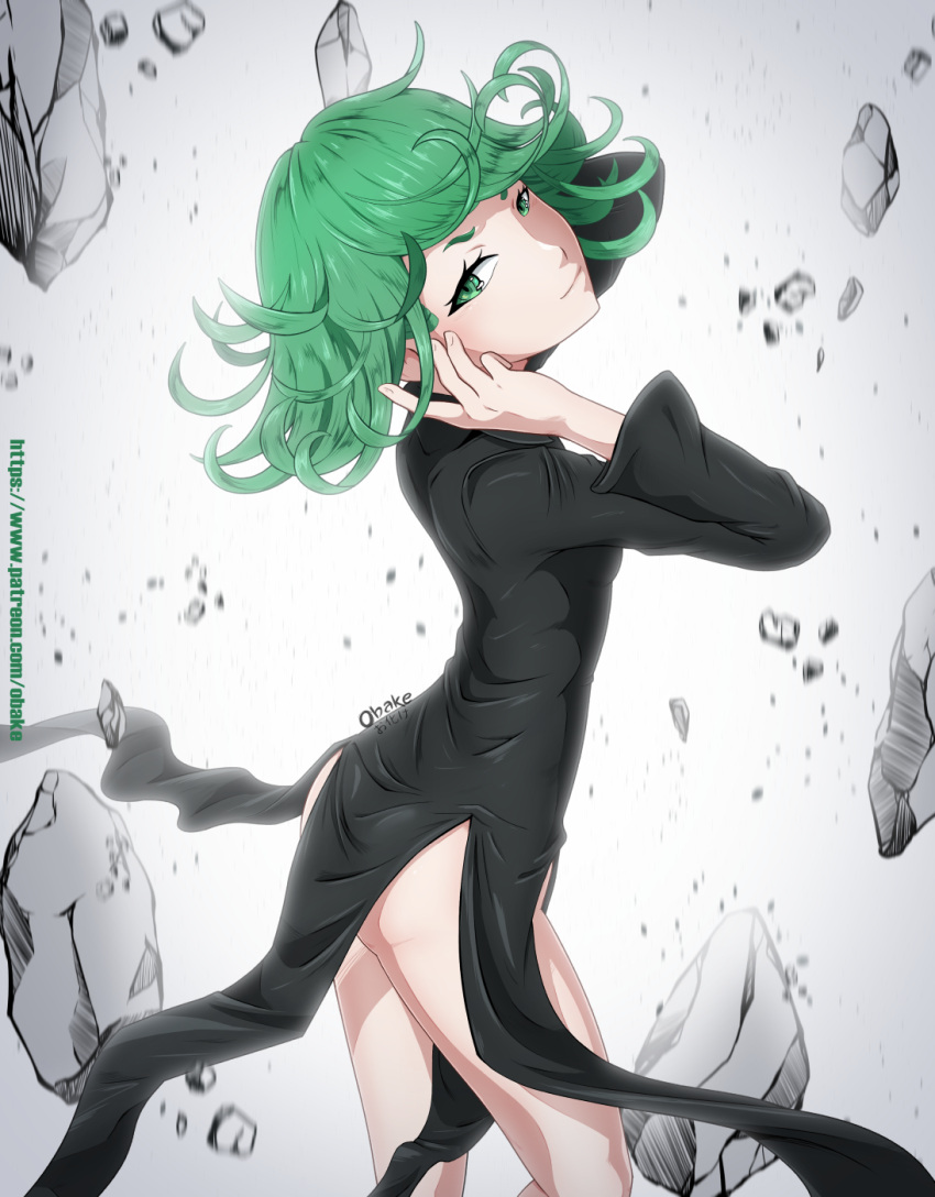 1girl artist_name ass black_dress breasts commentary curly_hair dress from_side green_eyes green_hair highres long_sleeves looking_at_viewer no_panties obakeart one-punch_man short_hair small_breasts solo tatsumaki telekinesis watermark web_address