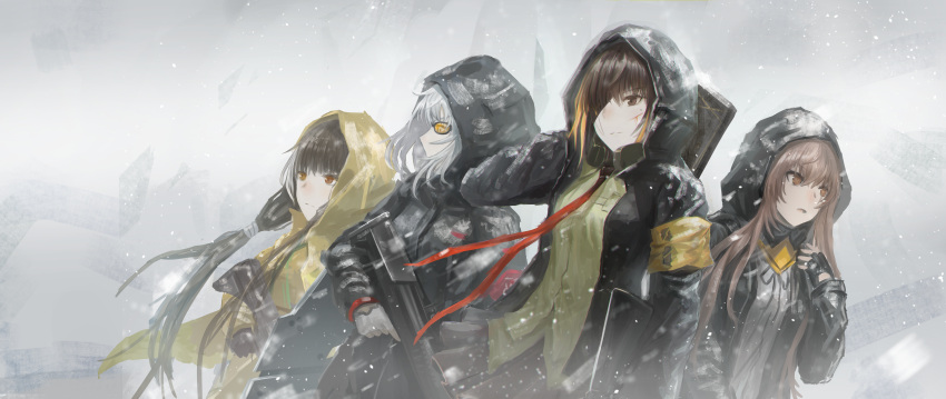 4girls armband bangs black_hair black_jacket black_ribbon brown_eyes brown_hair collared_shirt commentary_request crossed_bangs eyepatch facial_scar fingerless_gloves girls_frontline glasses gloves green_shirt grey_hair gun headphones headphones_around_neck heterochromia highres holding holding_gun holding_weapon hood hooded_jacket jacket kel-tec_ksg ksg_(girls_frontline) light_brown_hair long_hair long_sleeves looking_away m16a1_(girls_frontline) mole mole_under_eye multicolored_hair multiple_girls neck_ribbon necktie open_clothes open_jacket red_eyes red_neckwear ribbon ro635_(girls_frontline) scar scar_on_cheek shirt snow snowing standing streaked_hair sunglasses tararelux ump45_(girls_frontline) weapon white_shirt yellow_eyes yellow_jacket