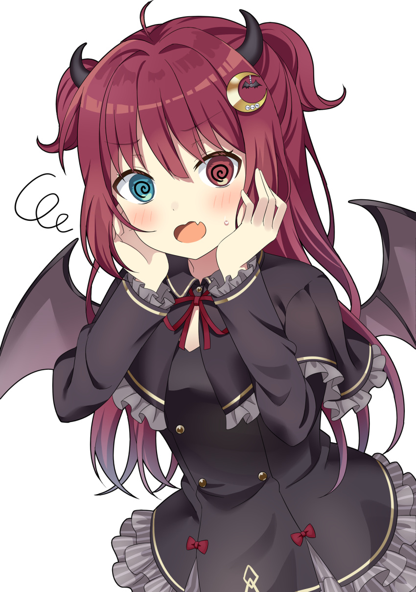 1girl @_@ ahoge bangs black_dress blue_eyes blush bow brown_wings capelet commentary_request cowboy_shot crescent crescent_hair_ornament demon_girl demon_horns demon_wings dress fang frilled_dress frills hair_ornament hands_on_own_face hands_up heterochromia highres horns long_hair long_sleeves nijisanji open_mouth red_bow red_eyes redhead simple_background skin_fang squiggle sweat two_side_up virtual_youtuber white_background wings yuusa yuzuki_roa