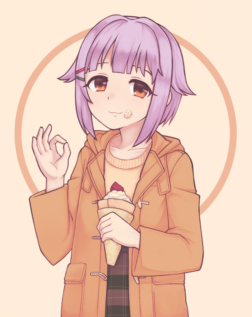 1girl :3 absurdres brown_eyes closed_mouth collarbone crepe eyebrows food hair_ornament hairclip highres holding holding_food idolmaster idolmaster_cinderella_girls jacy koshimizu_sachiko looking_at_viewer ok_sign purple_hair short_hair smile solo upper_body whipped_cream