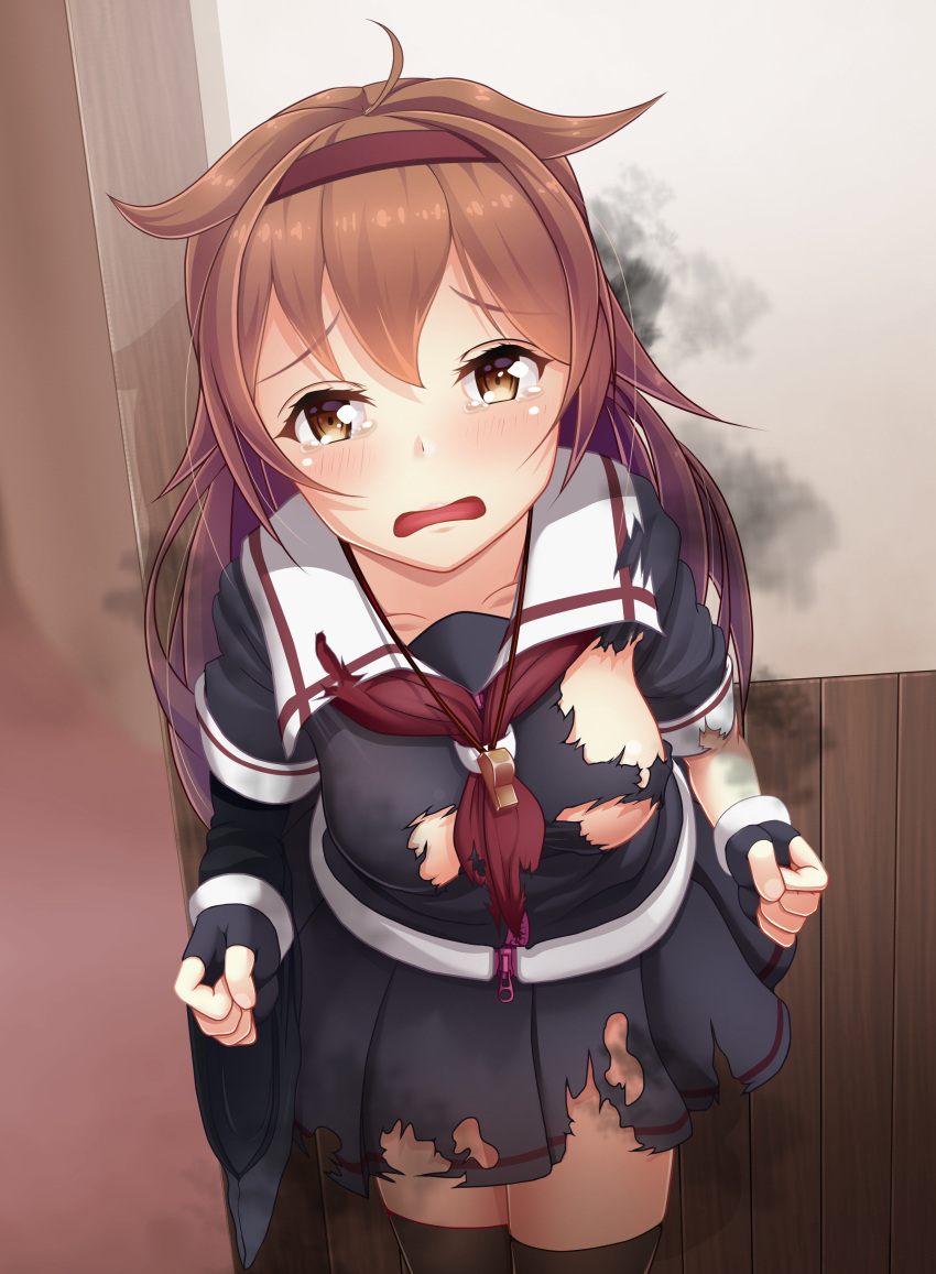 1girl absurdres black_gloves black_serafuku breasts brown_eyes cowboy_shot fingerless_gloves gloves hair_flaps hairband highres kantai_collection long_hair looking_at_viewer medium_breasts neckerchief open_mouth red_hairband red_neckwear remodel_(kantai_collection) rumachi school_uniform serafuku shiratsuyu_(kantai_collection) smoke solo standing tears torn_clothes whistle whistle_around_neck