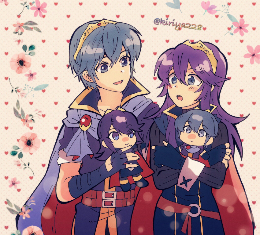 1boy 1girl armor blue_eyes blue_hair blush cape character_doll doll fingerless_gloves fire_emblem fire_emblem:_kakusei fire_emblem:_mystery_of_the_emblem fire_emblem:_souen_no_kiseki fire_emblem_heroes gloves great_grandfather_and_great_granddaughter headband highres intelligent_systems kiriya_(552260) long_hair lucina marth nintendo open_mouth plush short_hair simple_background smile super_smash_bros. tiara