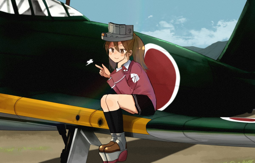 1girl aircraft aircraft_request airplane annin_musou black_legwear black_skirt blue_sky brown_hair clouds commentary_request day hand_on_own_face japanese_clothes kantai_collection kariginu kneehighs magatama outdoors platform_footwear pleated_skirt ryuujou_(kantai_collection) shikigami sitting skirt sky smile solo twintails visor_cap
