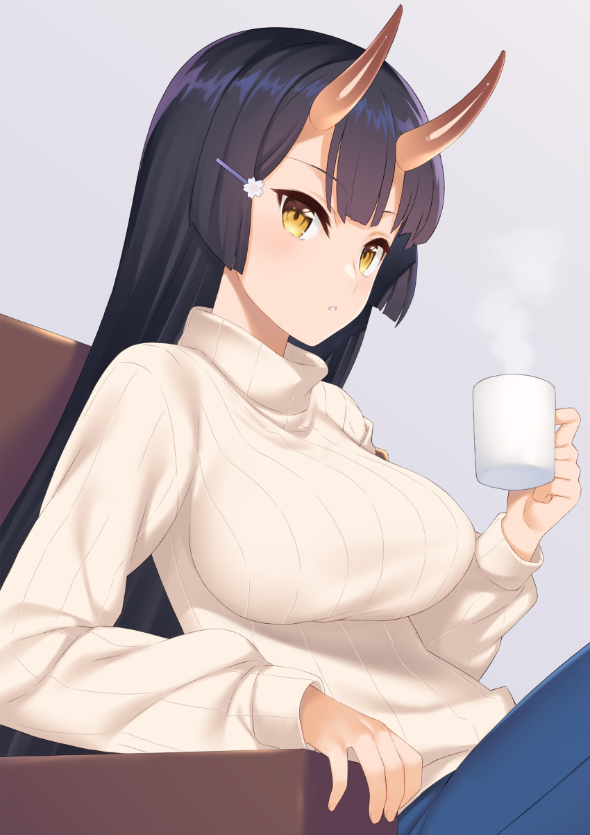 1girl :o absurdres black_hair breasts brown_eyes chair coffee_mug cup denim grey_background hair_ornament hairclip highres holding holding_cup large_breasts long_hair long_sleeves looking_at_viewer mug oni_horns origamine_ouka original pants parted_lips ribbed_sweater simple_background sitting solo steam sweater takunomi turtleneck turtleneck_sweater white_sweater