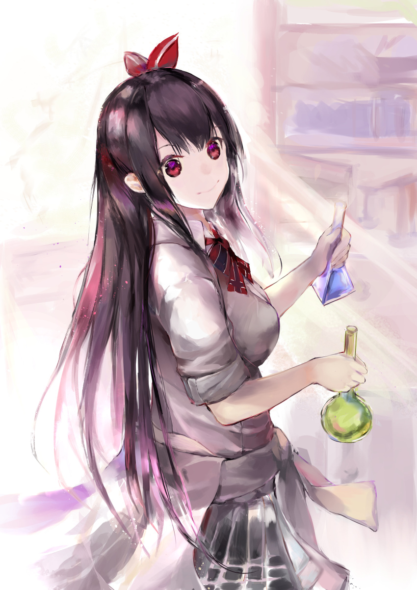 1girl absurdres azur_lane bangs black_hair black_skirt bow breasts closed_mouth clothes_around_waist collared_shirt commentary eyebrows_visible_through_hair hair_between_eyes hair_ribbon hanagin highres holding long_hair looking_at_viewer looking_to_the_side medium_breasts pleated_skirt red_bow red_eyes red_ribbon ribbon round-bottom_flask school_uniform shirt short_sleeves sidelocks skirt sleeves_rolled_up smile solo striped striped_bow u-73_(azur_lane) very_long_hair white_shirt