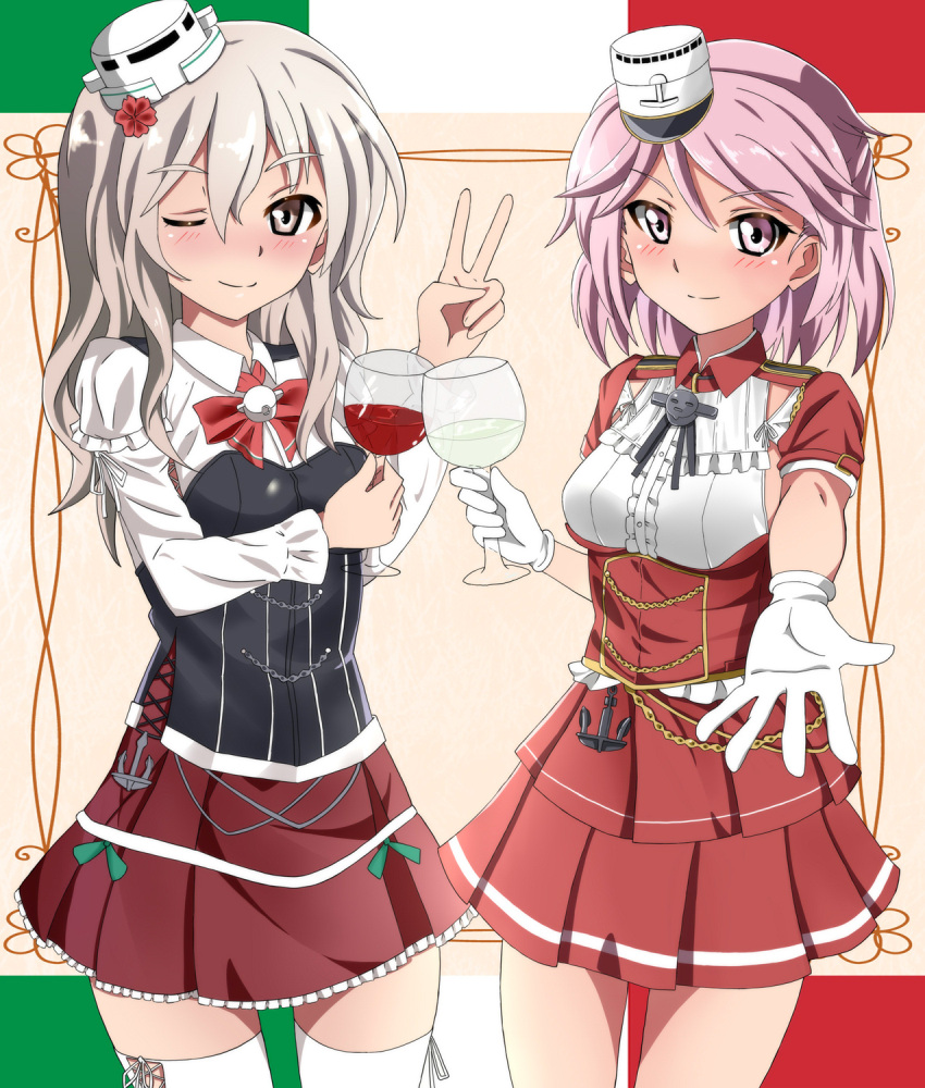 2girls alcohol anchor beige_background breasts brown_eyes commentary_request corset cowboy_shot cup drinking_glass flag_background giuseppe_garibaldi_(kantai_collection) gloves grey_hair hat highres italian_flag kantai_collection looking_at_viewer medium_breasts mini_hat miniskirt multicolored multicolored_background multiple_girls one_eye_closed pink_eyes pink_hair pleated_skirt pola_(kantai_collection) red_skirt sebunsu shirt short_hair short_sleeves skirt smile thigh-highs v wavy_hair white_gloves white_headwear white_legwear white_shirt wine wine_glass