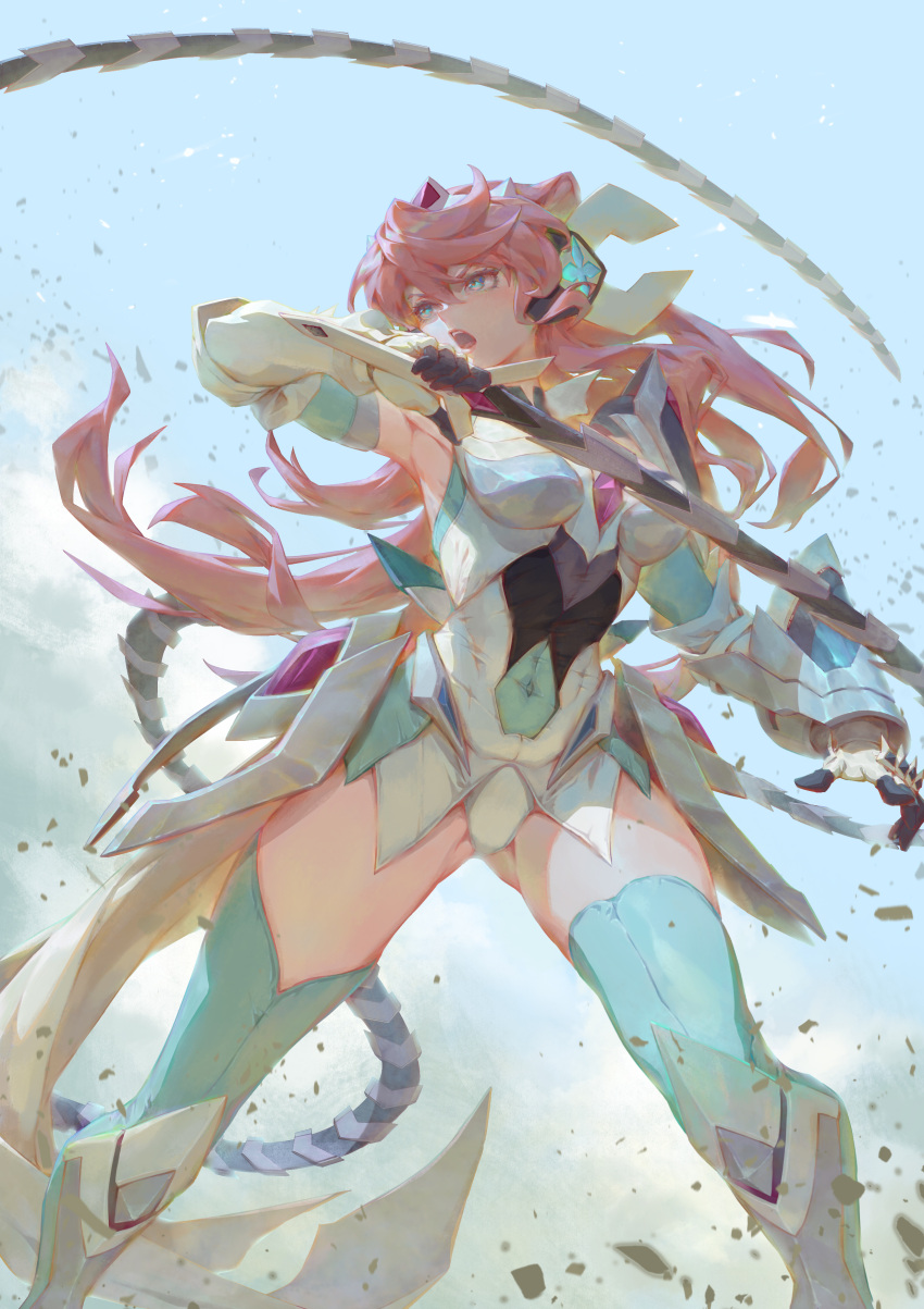 1girl absurdres aqua_legwear armor breasts covered_navel elbow_gloves gloves hair_ornament headgear highres leotard long_hair maria_cadenzavna_eve medium_breasts pink_hair senki_zesshou_symphogear shiny shiny_hair solo sword thigh-highs very_long_hair weapon whip whip_sword white_leotard zhen_long