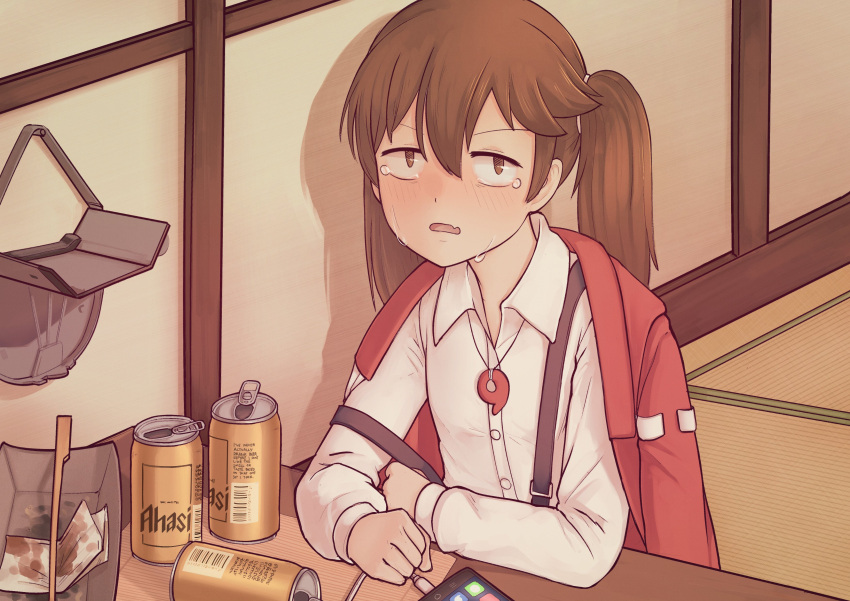 1girl absurdres beer_can blush brown_eyes brown_hair can cellphone collared_shirt crying eyebrows_visible_through_hair highres indoors jacy jewelry kantai_collection long_sleeves looking_at_viewer medium_hair necklace open_mouth phone ryuujou_(kantai_collection) shirt sitting smartphone solo table tears twintails white_shirt