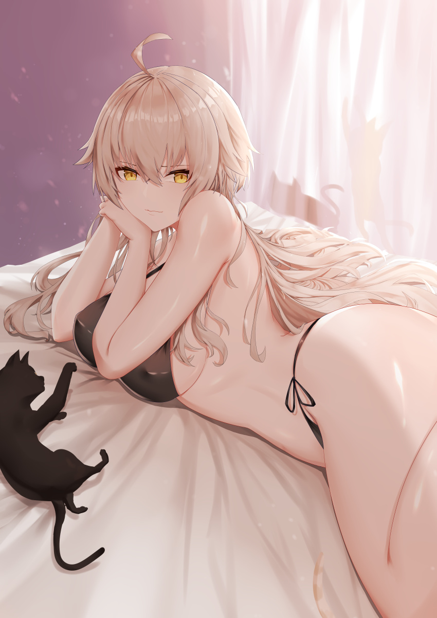1girl absurdres ahoge animal bangs bare_shoulders bed bed_sheet bikini black_bikini black_cat breasts cat commentary_request curtains eyebrows_visible_through_hair fate/grand_order fate_(series) groin hair_between_eyes highres indoors jeanne_d'arc_(alter_swimsuit_berserker) jeanne_d'arc_(fate)_(all) large_breasts long_hair looking_at_viewer lying navel on_bed on_side shiny shiny_skin side-tie_bikini sideboob silver_hair skindentation solo swimsuit thighs user_myea5333 very_long_hair yellow_eyes