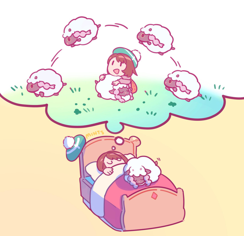 1girl absurdres bed brown_hair chibi commentary counting_sheep dreaming english_commentary female_protagonist_(pokemon_swsh) gen_8_pokemon green_headwear highres jumping pokemon pokemon_(creature) pokemon_(game) pokemon_swsh redricewine short_hair simple_background sleeping solo tam_o'_shanter thought_bubble u_u under_covers wooloo yellow_background
