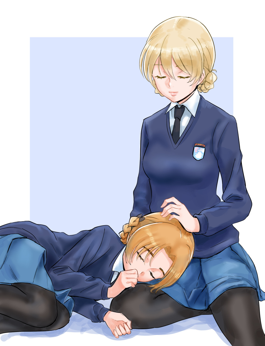 2girls absurdres bangs black_bow black_legwear black_neckwear blonde_hair blue_background blue_eyes blue_skirt blue_sweater bow braid closed_eyes closed_mouth commentary_request darjeeling dress_shirt emblem eyebrows_visible_through_hair fetal_position girls_und_panzer hair_bow hand_on_another's_head highres hisaki lap_pillow light_smile lips long_sleeves lying miniskirt multiple_girls necktie on_side orange_hair orange_pekoe outside_border pantyhose parted_bangs pleated_skirt school_uniform shadow shirt short_hair sitting skirt sleeping st._gloriana's_(emblem) st._gloriana's_school_uniform sweater tied_hair twin_braids v-neck white_shirt wing_collar yokozuwari