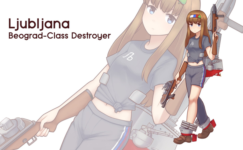 1girl blue_eyes breasts brown_footwear brown_hair commission expressionless eyebrows_visible_through_hair full_body grey_shirt gun hairband highres holding holding_gun holding_weapon jacy long_hair looking_at_viewer medium_breasts navel original shirt short_sleeves solo weapon