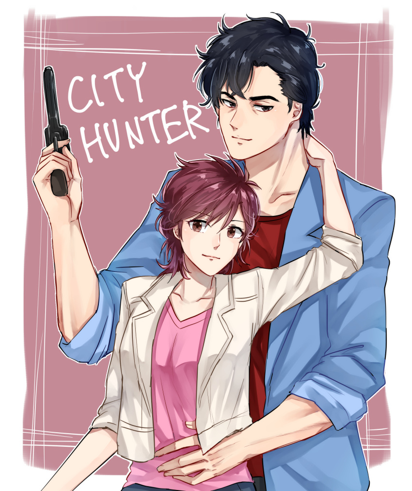 1boy 1girl absurdres black_hair blue_jacket brown_eyes brown_hair city_hunter collarbone couple gun highres holding holding_gun holding_weapon jacket looking_at_viewer makimura_kaori open_clothes open_jacket pink_shirt red_shirt saeba_ryou shiny shiny_hair shirt sleeves_rolled_up smile upper_body weapon white_jacket yayoi_(chepiiii23)