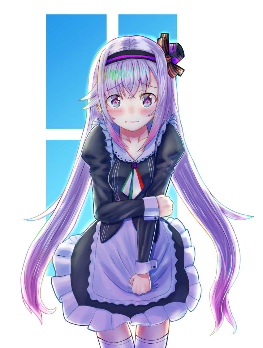 .live 1girl alternate_costume apron blush carro_pino collarbone embarrassed hat headband highres konsome looking_at_viewer purple_hair simple_background solo thigh-highs violet_eyes virtual_youtuber