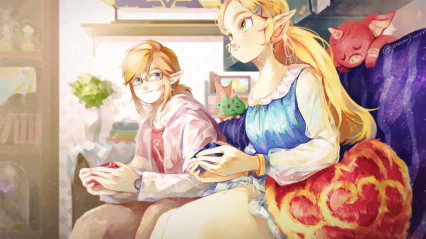 artist_name blonde_hair blue_dress blurry blurry_background bokoblin bookshelf contemporary controller couch dress earrings game_controller glasses green_eyes hair_ornament hairclip highres indoors jewelry korok link long_sleeves looking_at_another pearjarrr pillow pointy_ears ponytail princess_zelda sitting smile the_legend_of_zelda the_legend_of_zelda:_breath_of_the_wild vase watch watch