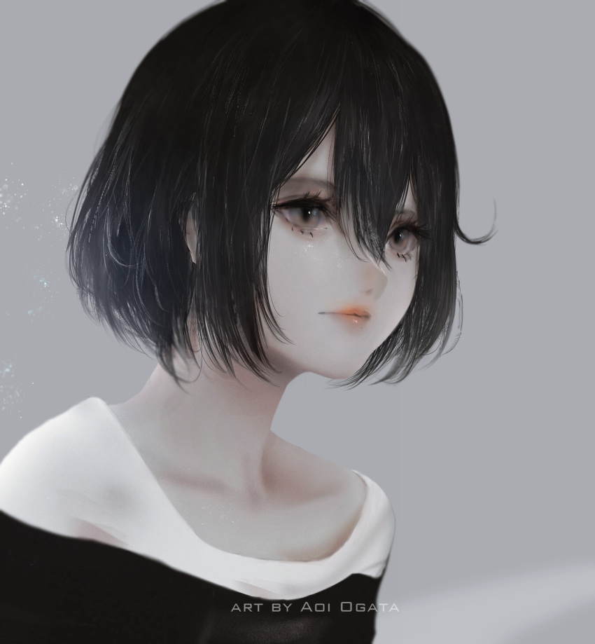 1girl aoi_ogata artist_name bangs black_hair black_shirt closed_mouth collarbone commentary commission english_commentary eyebrows_behind_hair grey_background grey_eyes hair_between_eyes highres lips looking_away original shirt solo upper_body