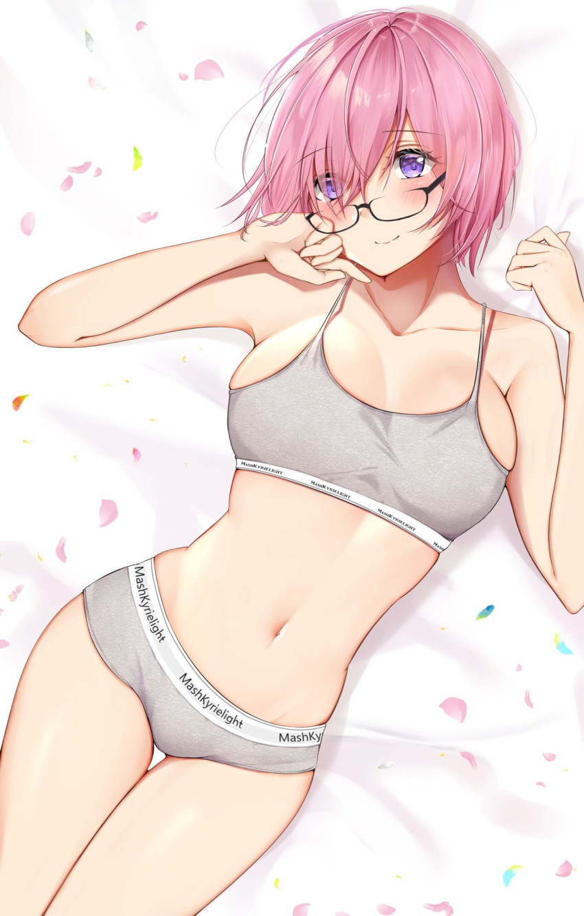 1girl bed_sheet boyshorts bra breasts cherry_blossoms closed_mouth collarbone eyebrows_visible_through_hair eyes_visible_through_hair fate/grand_order fate_(series) flower from_above glasses hair_over_one_eye highres lying mash_kyrielight medium_breasts on_bed petals pink_hair sheet_grab short_hair smile sports_bra thighs uiri-na underwear underwear_only violet_eyes
