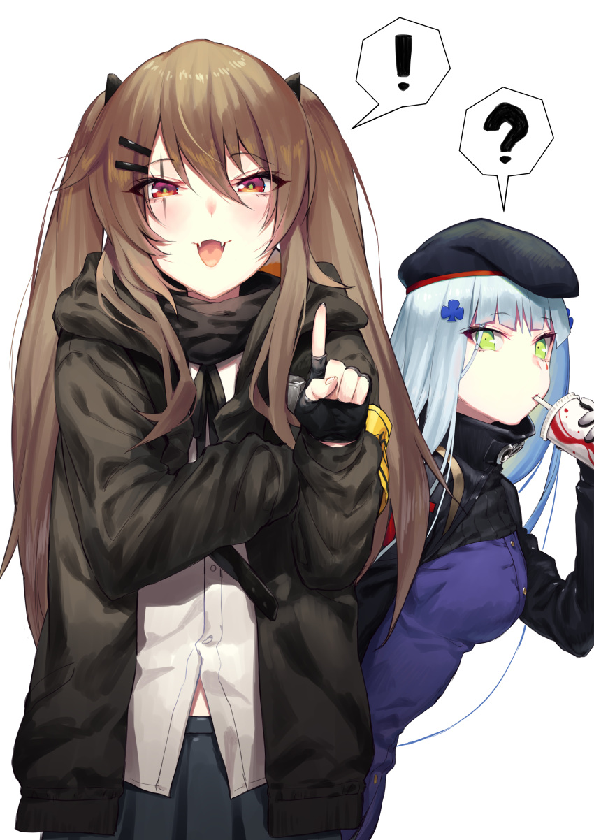 ! 2girls ? absurdres bangs beret blunt_bangs blush breasts brown_hair cowboy_shot cup drinking eyebrows_visible_through_hair facial_mark fang fingerless_gloves girls_frontline gloves green_eyes hair_between_eyes hair_ornament hairclip hat highres hk416_(girls_frontline) holding holding_cup jacket kyo long_hair looking_at_viewer medium_breasts multiple_girls open_mouth pointing pointing_at_viewer red_eyes ribbon scar scar_across_eye shirt silver_hair simple_background skin_fang skirt smile spoken_exclamation_mark spoken_question_mark teardrop twintails ump9_(girls_frontline) untucked_shirt very_long_hair white_background