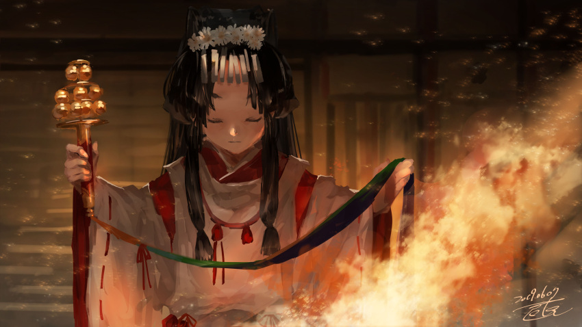 1girl bangs bell black_hair closed_eyes closed_mouth dated fire flower hair_flower hair_ornament high_ponytail highres holding japanese_clothes jingle_bell kagura_suzu kantai_collection long_hair long_sleeves miko nisshin_(kantai_collection) outdoors ponytail red_ribbon ribbon ribbon-trimmed_sleeves ribbon_trim signature solo toka_(marchlizard) wide_sleeves