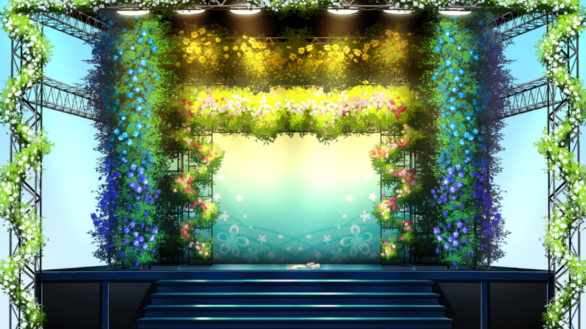blue_flower commentary floral_print flower matsuda_toki no_humans paper red_flower scaffolding scenery shoes spotlight stage stairs star star_print vocaloid white_flower